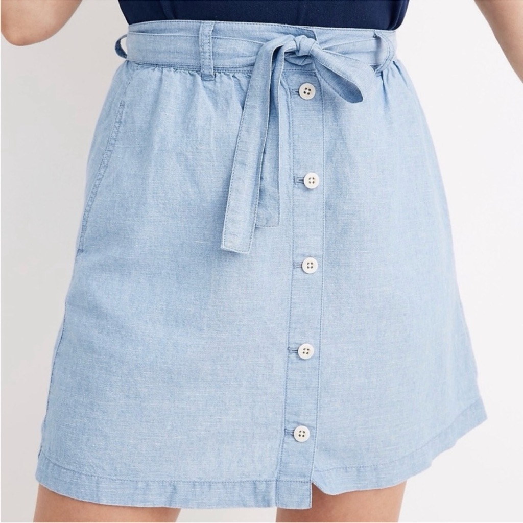 Madewell Denim Linen Blend Button Front Mini Skirt With Pockets